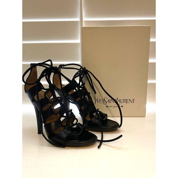 EUC Yves Saint Laurent YSL Black Leather Strappy Gladiator Heel 38 8 - Picture 8 of 9